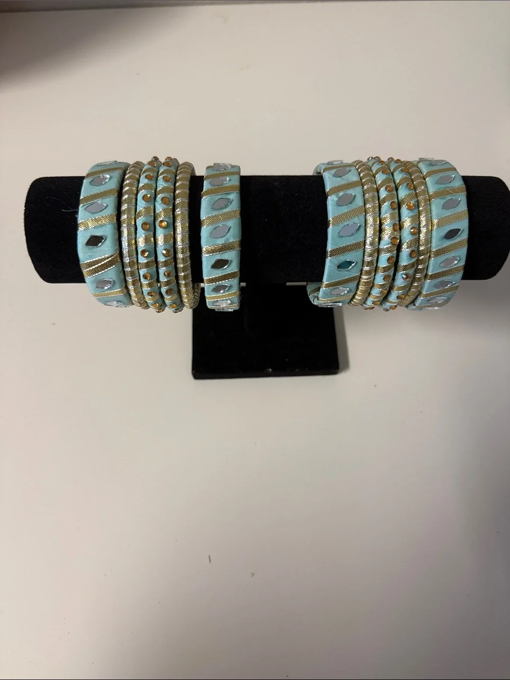Handmade bridal Light Blue and Gold Women's Bangle Bracelet 12 piece Set